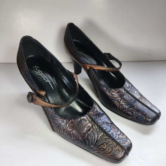 Art Effects Shoes Heels Size 7 Embossed Tooled Leather Look Square Toe 2 3/4" - Picture 3 of 13